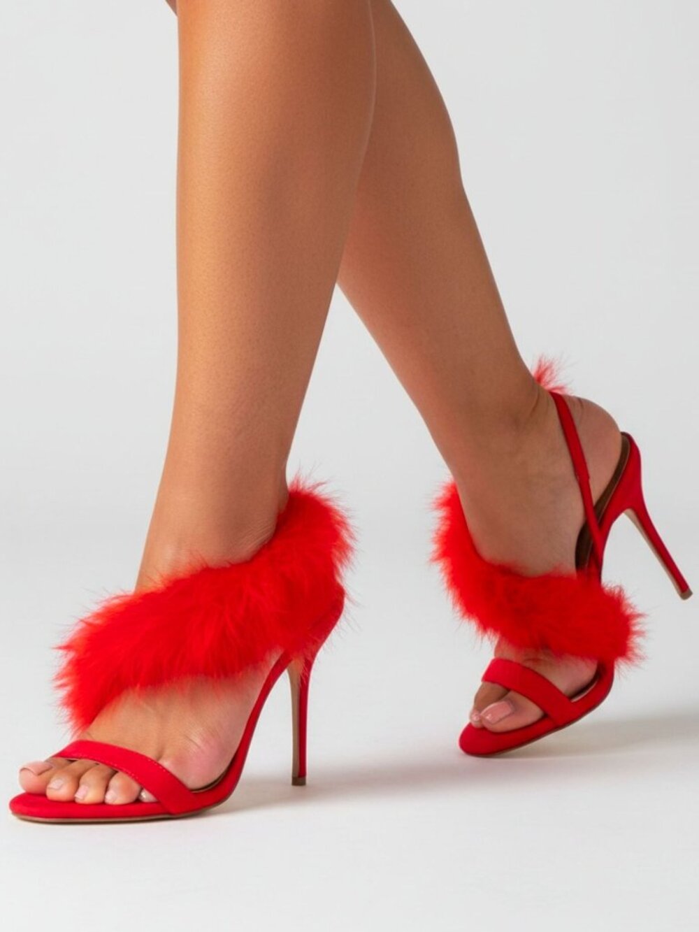 Red Fluffy Feather Strap Open-Toe Stiletto Heels For Women